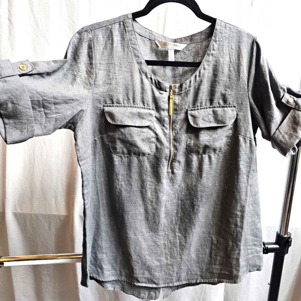 Ellen Tracy Gray Linen Top With Gold Accents Buttons Tasell